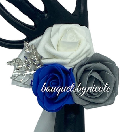 wrist corsage for royal blue dress White & Royal Blue Ribbon Flowers, Rhinestones Wristlet Corsage and Lapel Flower Pin/brooch Set