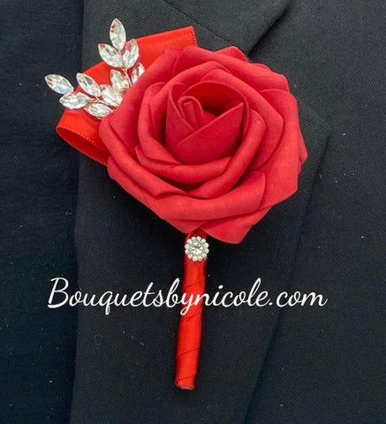 Dark Red ~ Customized Boutonniere l Lapel Pin l Real Touch Roses l Prom l Men's Formal l BOUT- 011