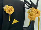 Dark Ivory Gold Round Bouquet l Silk Roses Brooch Bouquet~ BOU-GOLD
