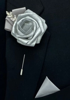 Silver ~ Customized Boutonniere l Lapel Pin l Wrist Corsage l Real Touch Roses l Prom l Formal BOUT-044