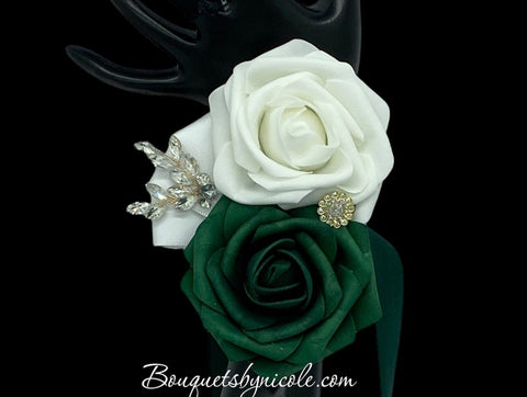 Emerald Green White ~ Customized Wrist Corsage l Real Touch Roses l Pr Bouquets by Nicole Emerald Green White ~ Customized Wrist Corsage l Real Touch Roses l Pr Bouquets by Nicole