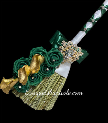 Customized Emerald & Gold Wedding Jumping broom l White l Traditional Wedding Broom l African American Heritage l Decorated Broom l Bling