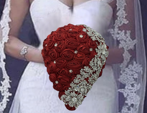 MACY~ RED Satin Roses Cascade Waterfall Brooch Bouquet – Bouquets