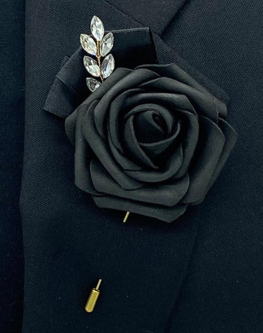 Black ~ Customized Boutonniere l Lapel Pin l Real Touch Roses l Prom l Men's Formal l BOUT- 009