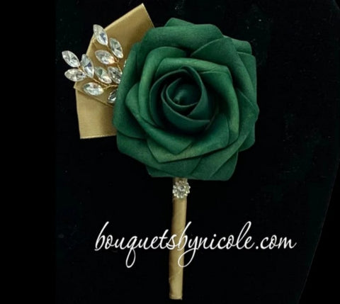 Dark Green Gold Rose Formal wear l Lapel Pin l Real Touch rose l Groom Boutonniere l Wedding l Groomsmen BOUT-R002