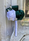 Dark Green White Boutonniere Lapel Pin Formal Wear Wedding Prom BOUT-2006