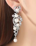 MEC-006 Crystal Pearls Long Drop Earrings Bridal Wedding Jewelry