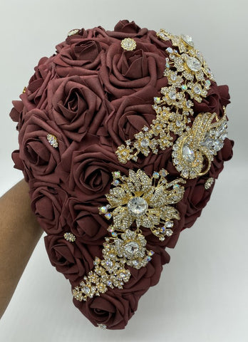 CAS-001 ~ Cascading Waterfall Burgundy & Gold Real Touch Roses Brooch Bouquet