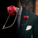 Dark Red Mens Formal wear l Lapel Leaf Chain Pin l Satin rose l Groom Boutonniere l Wedding l Groomsmen BOUT-003