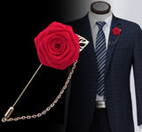 Red Mens Formal wear l Lapel Leaf Chain Pin l Satin rose l Groom Boutonniere l Wedding l Groomsmen BOUT-F001