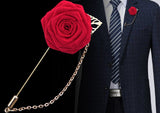 Red Mens Formal wear l Lapel Leaf Chain Pin l Satin rose l Groom Boutonniere l Wedding l Groomsmen BOUT-F001