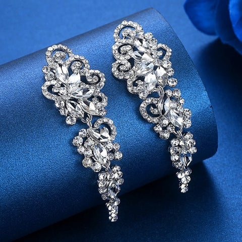 MEC-002 Crystal Long Drop Earrings Bridal Wedding