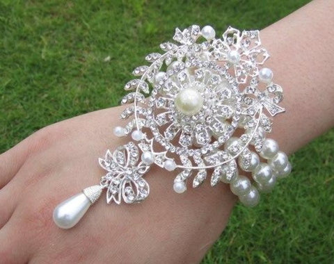 COR-006 Pearl Brooch Wrist Corsage l Silver l Gold l Prom l Formal l Mothers l Grandmothers