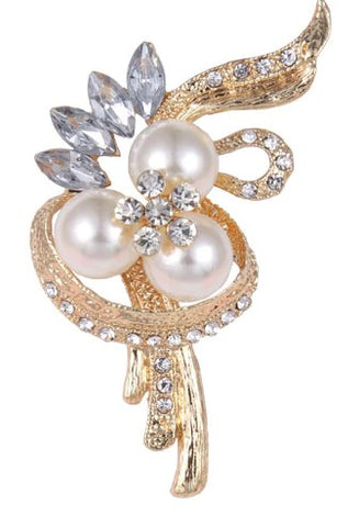 Gold Pearl Rhinestone Crystal Brooch BR-079