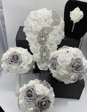 JANAI ~ White & Silver Cascade Real Touch Roses Brooch Bouquet
