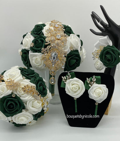 Ivory Emerald Real Touch Roses Brooch Bouquet