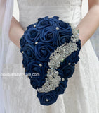 CAS-002 ~ Cascading Waterfall Navy Blue Real Touch Roses Brooch Bouquet