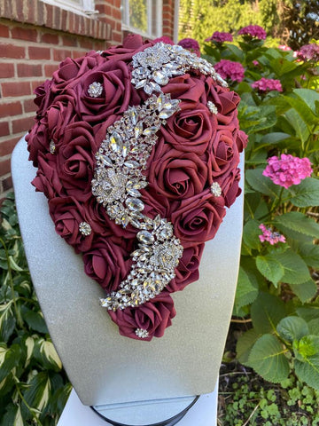 CAS-003 ~ Cascading Waterfall Burgundy Real Touch Roses Brooch Bouquet