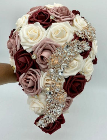 Mauve Ivory Burgundy Gold Cascade Real Touch Roses Brooch Bouquet -RE005