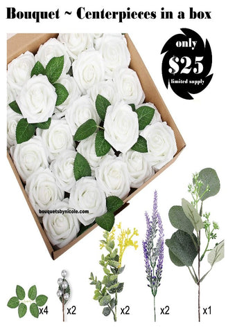 36pcs. White Roses in a box Centerpieces or Bouquets DIY KIT