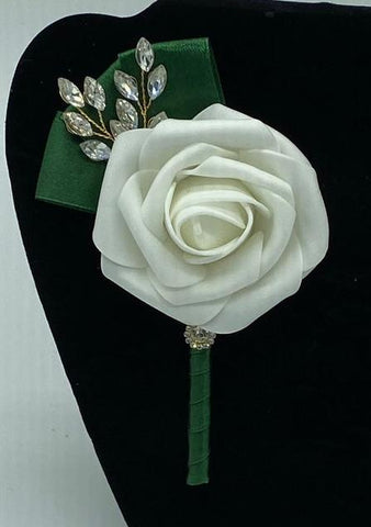 Emerald Green & Ivory Real Touch Rose Boutonnières Pin Formal Wear Wedding Prom RT-B012