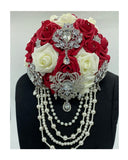 Dark Red Ivory Cascade Real Touch Roses Brooch Bouquet