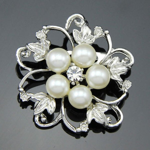 Rhinestone  Pearl Crystal Gold or Silver Brooch BR-102S