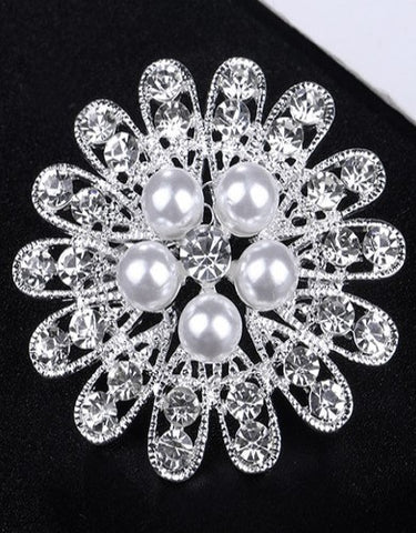 Rhinestone Pearl Crystal Silver Brooch BR-94