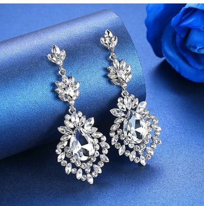 MEC-013 Crystal Pearls Long Drop Earrings Bridal Wedding Jewelry