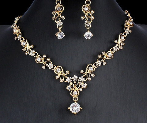 3 Pcs GOLD Jewelry Set Crystal & Rhinestone (Necklace & Earrings) JS-027
