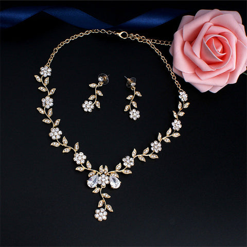 3 Pcs GOLD Jewelry Set Floral Rhinestone (Earrings & Necklace) JS-043
