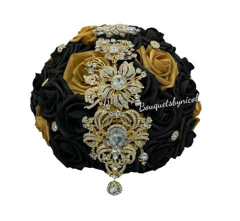 02RT - Black & Gold Real Touch Foam Roses Brooch Bouquet White