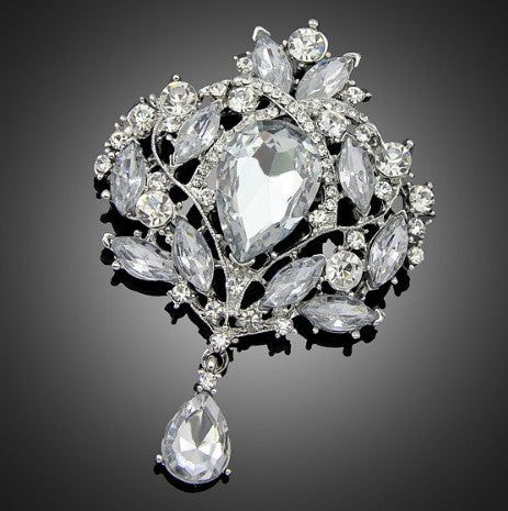 Silver Brooch Flower Pendant Pin Rhinestone Crystal BR-037
