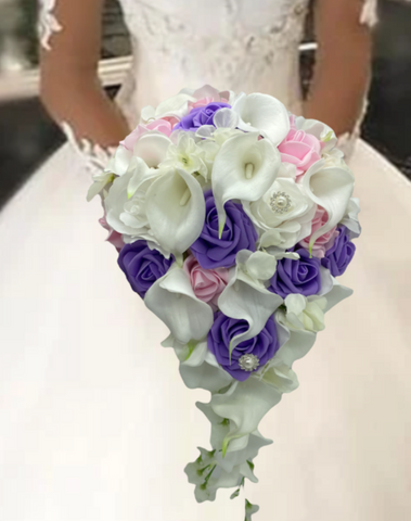 ALEX~ Lavender Pink Cascading Waterfall Real Touch Roses Brooch Bouquet
