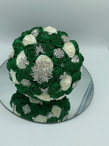 BM-009 ~ Dark Green & Ivory Satin Roses Budget Brooch Bouquet or