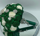 BM-009 ~ Dark Green & Ivory Satin Roses Budget Brooch Bouquet or DIY KIT