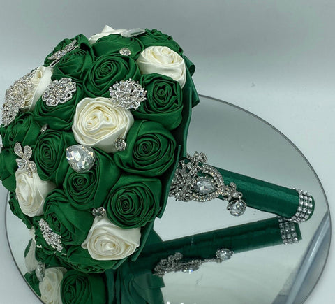 BM-009 ~ Dark Green & Ivory Satin Roses Budget Brooch Bouquet or DIY K –  Bouquets by Nicole