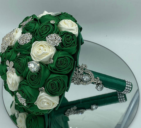 BM-009 ~ Dark Green & Ivory Satin Roses Budget Brooch Bouquet or