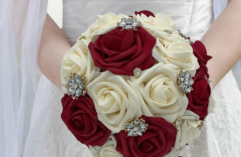 CB-011 ~ Made to Order Dark Red & Ivory Real Touch Rose Brooch Bouquet –  Bouquets by Nicole