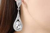 MEC-007 Crystal Pearls Long Drop Earrings Bridal Wedding Jewelry