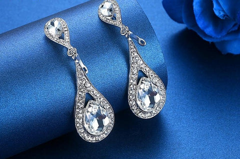 MEC-007 Crystal Pearls Long Drop Earrings Bridal Wedding Jewelry