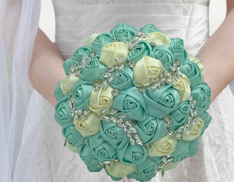 BM-015 ~ Aqua & Ivory Satin Roses Budget Brooch Bouquet or DIY KIT