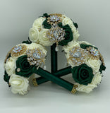 24HR-001 ~ Ready to Ship Emerald Green & Ivory Real Touch Rose Brooch Bridal Bouquet