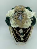 RT009 ~ Cascade Emerald green & Ivory Real touch Roses Brooch