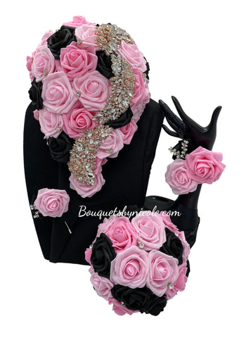 01RT - Cascade Waterfall Pink Black Real Touch Foam Roses Brooch Bouqu Bouquets by Nicole 01RT - Cascade Waterfall Pink Black Real Touch Foam Roses Brooch Bouqu Bouquets by Nicole