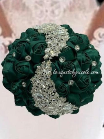 EMMA~ Emerald Green Satin Rose Brooch Bouquet or DIY KIT