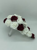 CAS01~ Cascading Waterfall White Burgundy Real Touch Roses Brooch Bouquet