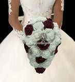 CAS01~ Cascading Waterfall White Burgundy Real Touch Roses Brooch Bouquet