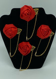 Red Mens Formal wear l Lapel Leaf Chain Pin l Satin rose l Groom Boutonniere l Wedding l Groomsmen BOUT-002