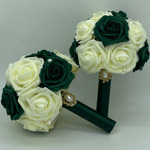 BM-010 ~ Emerald Green & Ivory Real Touch Roses Budget Brooch Bouquet or DIY KIT